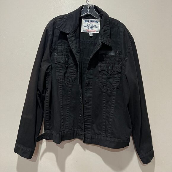 True Religion Mens XXL Denim Trucker Jacket Black - Picture 1 of 9